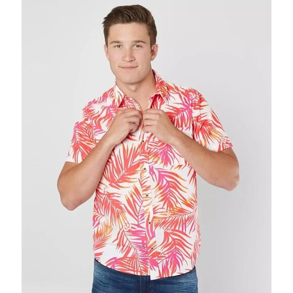 Vstr Other - VSTR Pink Orange Tropical Palm Leaf Print Linen Resort Nomad Button Up Shirt M